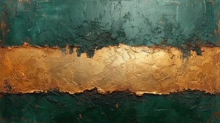 Wall Mural - Generative AI, Green and golden colors rough wall, impasto grunge vintage painting background. Old oil textured painted canvas