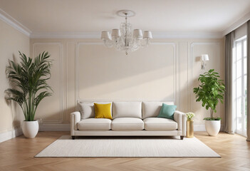 Canvas Print - 3D render Modern interiors empty room .plant vase. floor parquet. photo frame