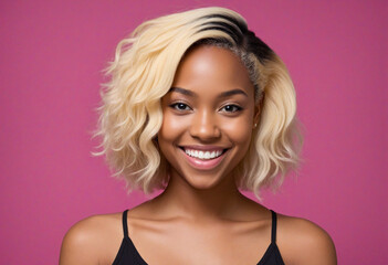 Smiling black young woman with dyed blonde hair looking at the camera on a magenta background