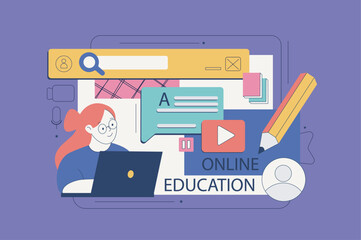 Poster - Online education concept in flat neo brutalism design for web. Student learning at video lessons, doing homework, searches information. Vector illustration for social media banner, marketing material.