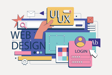 Poster - web design concept in flat neo brutalism design. user interface creation with placing graphic conten