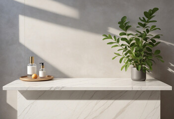 Wall Mural - empty minimal white marble stone counter table top in sunlight with leaf shadow on cement wall. organic cosmetic, skincare, beauty treatment product background