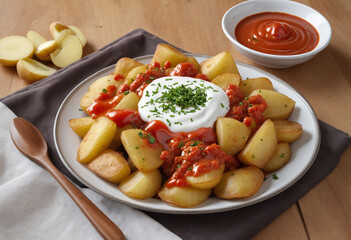 Wall Mural - Heap of patatas bravas (spanish fried potatoes topped with spicy hot sauce)