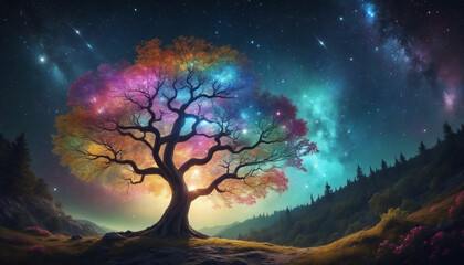 Wall Mural - colorful glowing tree in a magical forest full of bright colors with stars overhead, nighttime, fant