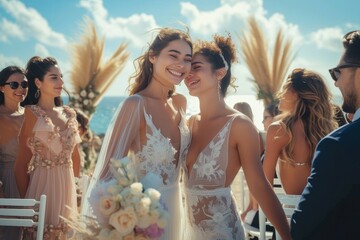 Wall Mural - A radiant bride surrounded by her female attendants stands on the beach, the sky a canvas of billowing clouds, as they all smile in their ethereal white gowns and delicate floral accessories, embodyi