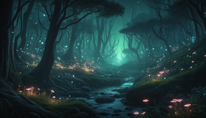 Wall Mural - Glowing fantasy forest at night, dreamlike scenery, illustration