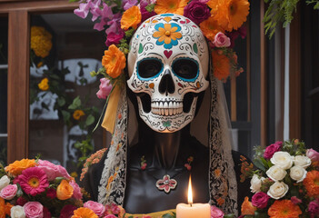 La Santa Muerte. Mexican Skull adorned with flowers. Calavera Grim Reaper - Altar with Floral sugar skull grim reaper in Mexican City Street. Generative AI