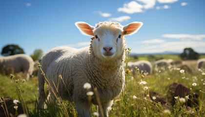 Wall Mural - Cute lamb grazing in green meadow, looking at camera generated by AI