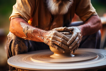 Sticker - A potter shaping clay on a wheel, capturing the art of pottery and craftsmanship. Concept of handmade art and creativity. Generative Ai.