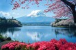 © RocknRoller Studios - Mount Fuji reflecting in a Beautiful Lake, Surrounded by Pink Flowers. Beautiful Natural Scene with Cherry Blossom.