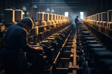 Wall Mural - A skilled man adjusts spinning machines in a bustling textile mill, creating fabric rolls.  Generative AI.