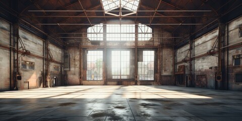 Wall Mural - An expansive, abandoned warehouse with vast open space. Generative AI.