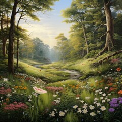 Wall Mural - Spring field of flowers in the middle of a forest