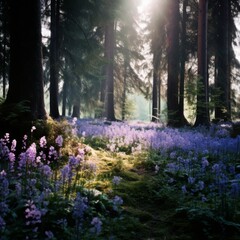 Wall Mural - Spring field of flowers in the middle of a forest
