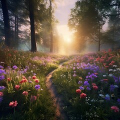 Wall Mural - Spring field of flowers in the middle of a forest