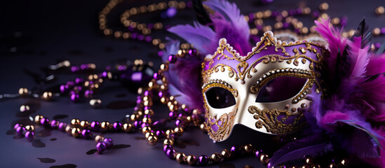 Mardi Gras carnival mask and beads on purple background