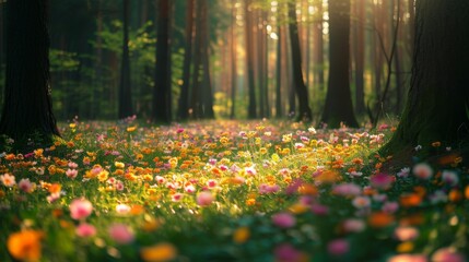 Wall Mural - Spring field of flowers in the middle of a forest