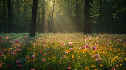 Wall Mural - Spring field of flowers in the middle of a forest