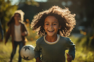 Wall Mural - A group of kids playing soccer in a neighborhood field, symbolizing youth and community sports. Generative Ai.