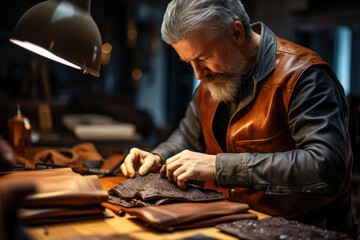 Canvas Print - A person making a handcrafted leather wallet, illustrating the skill of leatherworking and artisan crafts. Generative Ai.