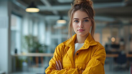 Wall Mural - A young pretty woman in a yellow jacket stands in a modern office with her arms crossed