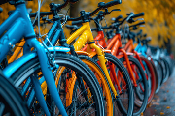 Sticker - Rows of colorful bicycles parked neatly, symbolizing the eco-friendly trend of bike commuting in urban environments. Concept of sustainable transportation. Generative Ai.