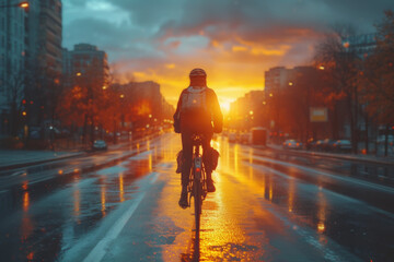 Wall Mural - A silhouette of a cyclist navigating through a city's bike lane at sunset, promoting the idea of eco-friendly commuting. Concept of sustainable transportation. Generative Ai.