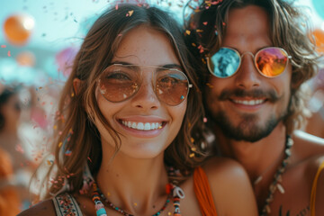 Sticker - A selfie of a couple at a music festival, encapsulating the thrill of shared experiences and vibrant live performances. Concept of music festival excitement. Generative Ai.