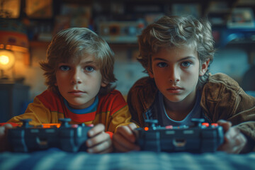 Poster - a family playing a classic video game console from the 90s, immersing in the pixelated nostalgia of 