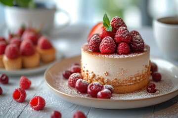 Gourmet coffee desserts garnished with fresh berries on festive serving platter