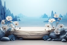 White Platform Podium With White Flowers On Blurred Blue Rocks Background, Template For Montage Or Product Advertising Presentation