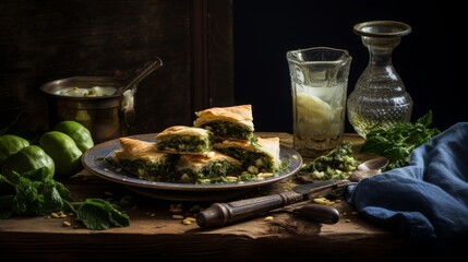 Wall Mural - Spanakopita, greek meal, food photography, copy space, 16:9