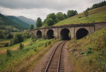 Rusty train tracks lead into a dark tunnel in a desaturated landscape