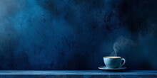 Midnight Blue Banner Showcasing A Hot Coffee Cup On The Side, With Room For Your Text.