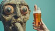 Contemporary collage of antic statue with human eyes and mouth over blue background. Human hand holding glass of beer and sausage. Concept of festival, national traditions, drinks, Oktoberfest,