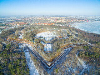 Wall Mural - Aerial view of star shaped Boyen stronghold in Gizycko, Poland (former Loetzen, East Prussia, Germany)