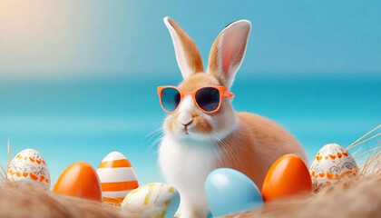 Wall Mural - Easter Bunny with sunglasses and Easter eggs on the beach, Beach Summer Vacation Sunny Day