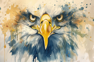 A stunning watercolor painting of a majestic eagle with an intense gaze, surrounded by an explosion of color and texture. The painting shows the beauty and power of the bird, as well as the creative e