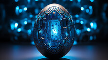 Digital Easter Egg Circuit Background Image. Electronic Egg Desktop Wallpaper Picture. Circuit Board Texture Close Up Photo Backdrop. Sci-fi Cybernetics Concept Composition Front View