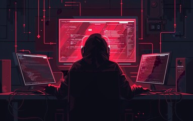 abstract illustration of a hacker man at a computer on, internet security and cyber security concept