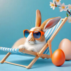 Wall Mural - Funny Easter Bunny wearing sunglasses lounges on a sun lounger, Rabbit soaking up the sun and taking a snooze. This image embodies the ideas of summer and vacation.