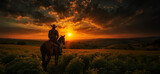 Fototapeta Konie - A cowboy riding on the back of a horse on top of a lush green field under a bright orange and yellow sky in the distance is the sun shining through the clouds.