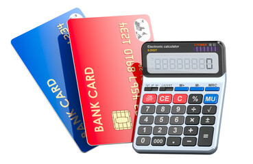 Poster - Credit bank cards with calculator, 3D rendering isolated on transparent background