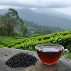 A cup of Darjeeling black tea with loose black tea next to the cup. In the background you can see a tea plantation in the high mountains