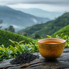 A cup of Darjeeling black tea with loose black tea next to the cup. In the background you can see a tea plantation in the high mountains