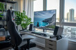 A spacious home office with a large monitor, keyboard, and comfortable swivel chair, optimized for long hours of work. Concept of professional-grade home office setups. Generative Ai.