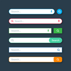 Fototapete - Colorful search bar templates. Internet browser engine with search box, address bar and text field. UI design, website interface element with web icons and push button. Vector illustration