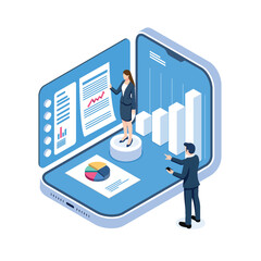 Poster - Isometric smartphone with graph. Business trend analysis on smartphone screen with graphs. illustrator vector