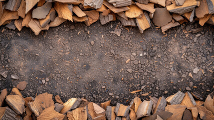 Wall Mural - A border of bark chips on soil, providing a textured frame with a clear centre.