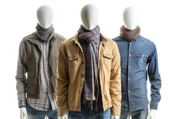 Three male mannequins in casual attire placed on a white backdrop without branding or copyrighted items